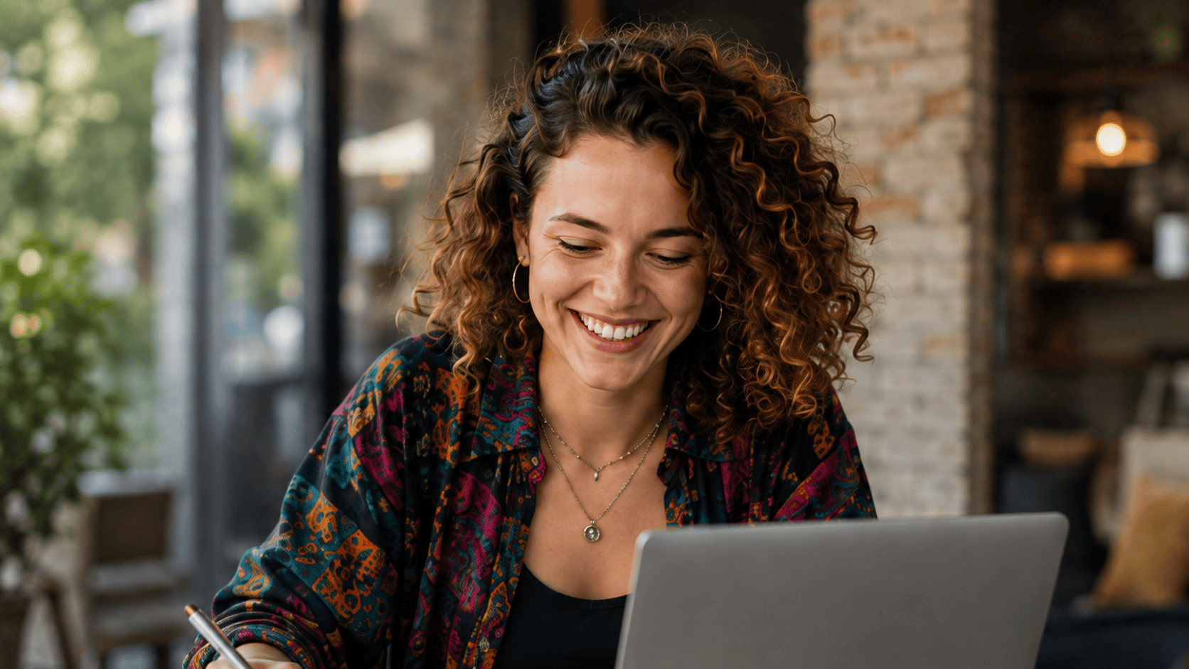Smiling learner with curly hair writing notes at her laptop in a caf&eacute;