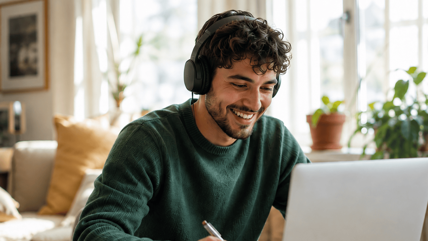 Smiling man with headphones taking notes during a live online German lesson at home