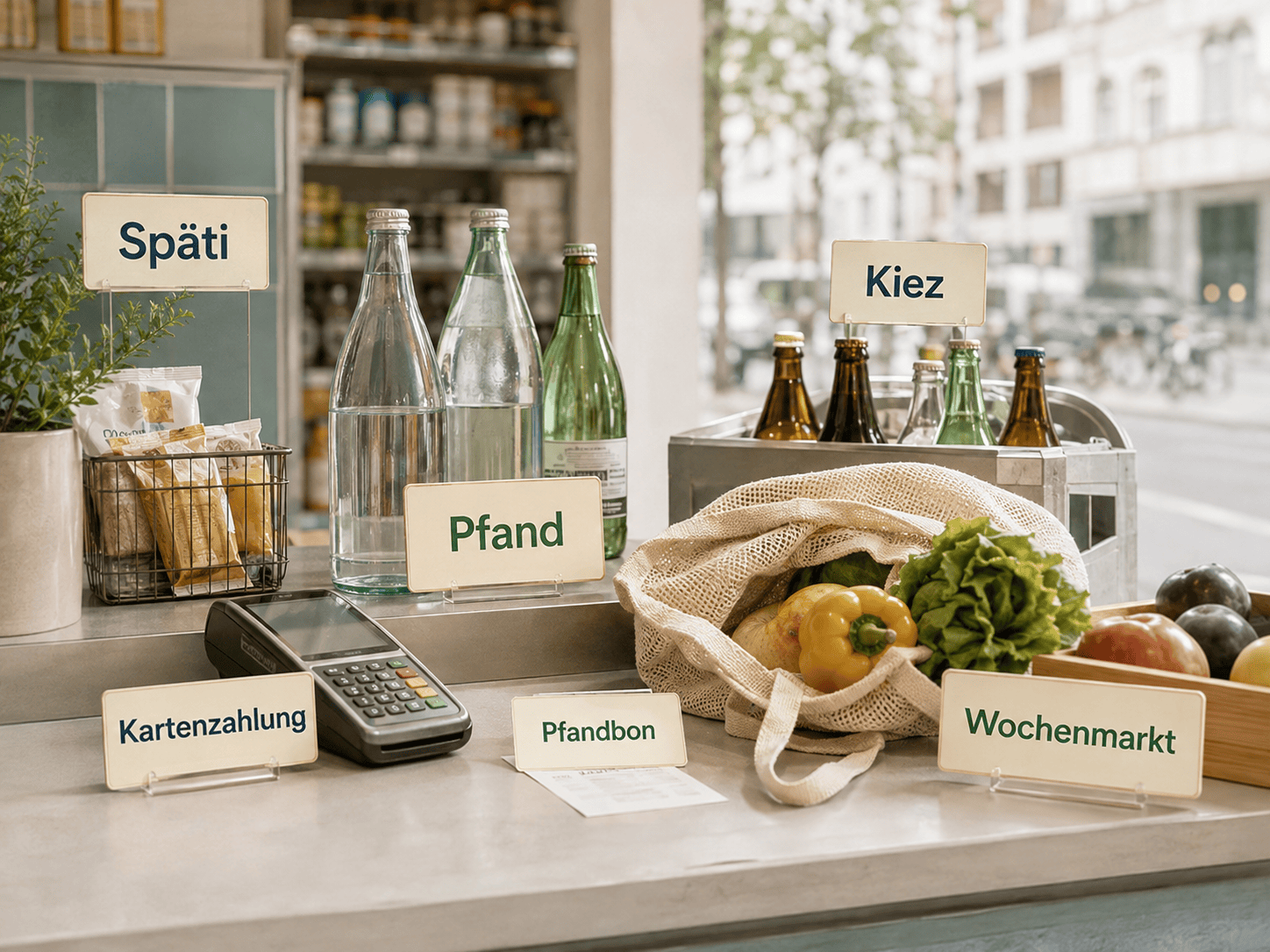 Illustrated scene: Everyday life in Berlin: words and habits you will quickly meet