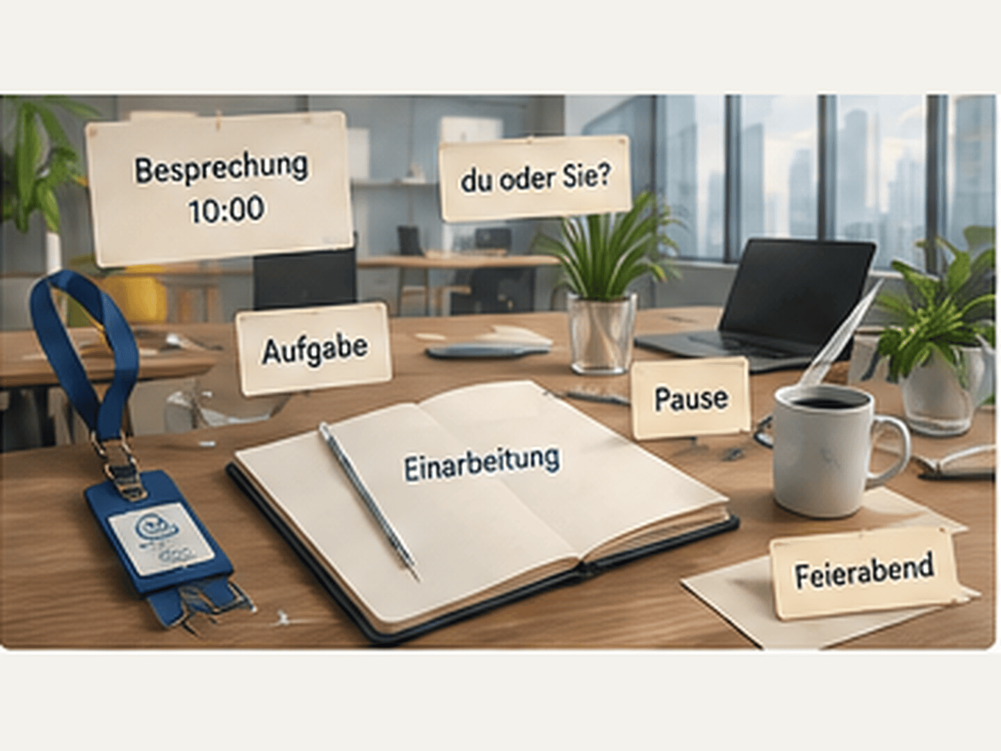 Office desk with cards reading Besprechung, Aufgabe, Einarbeitung, Pause and Feierabend.