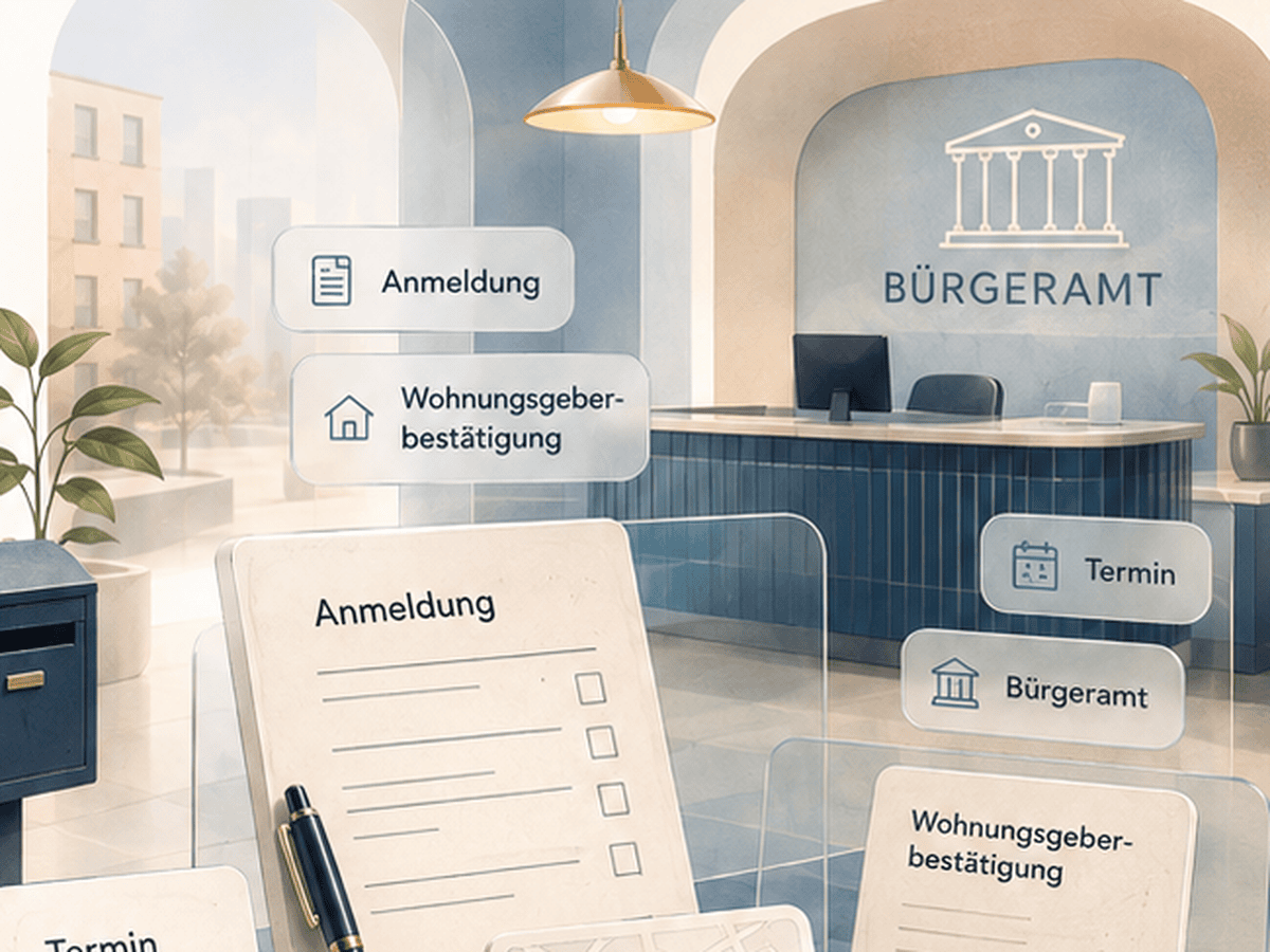 Illustrated registration desk at a German Bürgeramt, with German labels for Anmeldung, Wohnungsgeberbestätigung, Meldebestätigung and Termin.