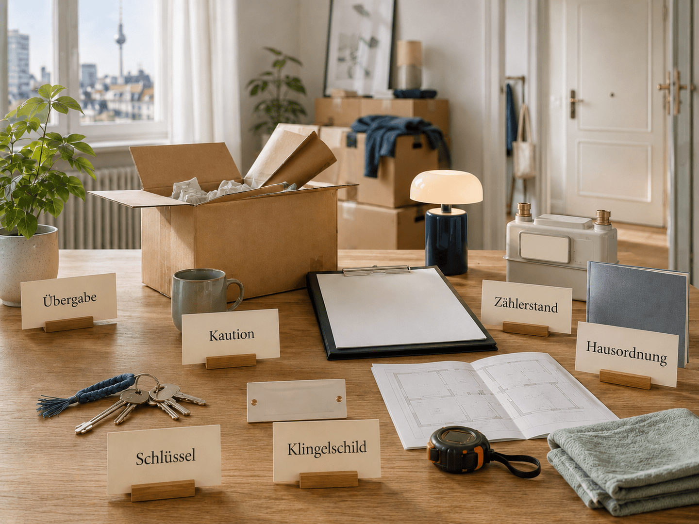 Berlin apartment handover scene with cards reading Übergabe, Kaution, Zählerstand and Schlüssel.