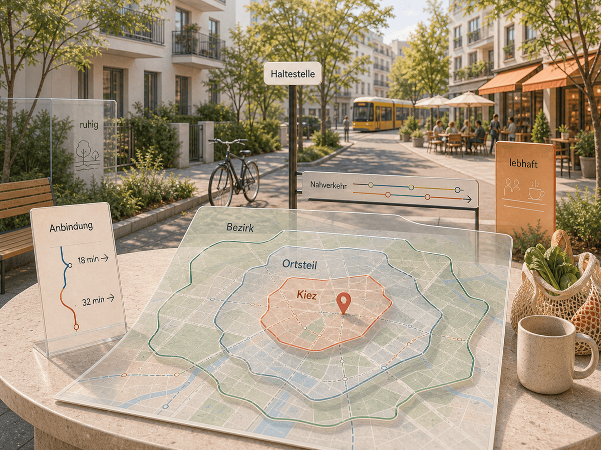 Editorial illustration comparing Berlin neighbourhoods, labelled in German: Bezirk, Ortsteil, Kiez, Anbindung, Nahverkehr, Haltestelle, ruhig, lebhaft