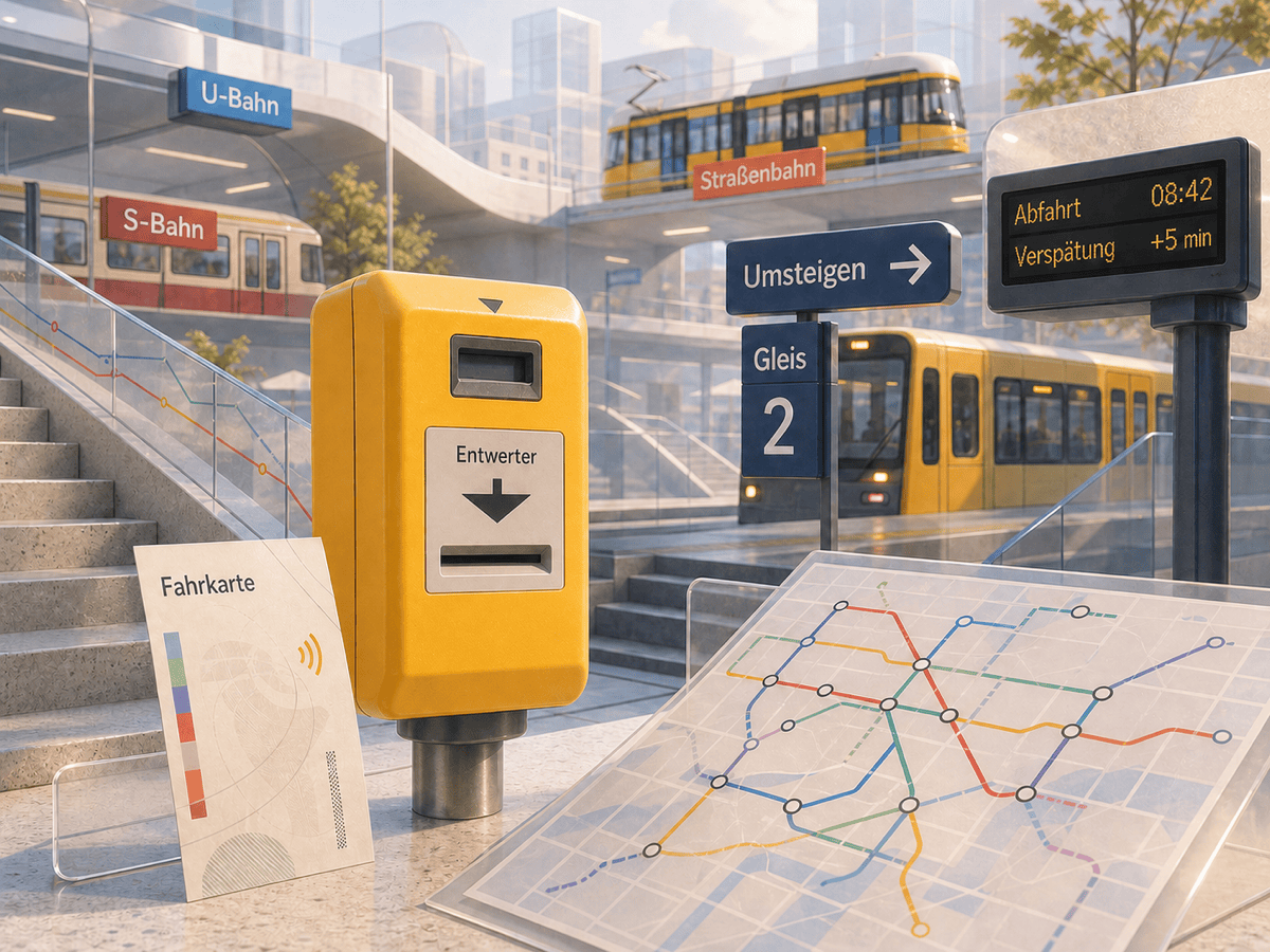 Editorial illustration of Berlin public transport, labelled in German: U-Bahn, S-Bahn, Straßenbahn, Fahrkarte, Entwerter, Gleis, Abfahrt, Verspätung, Umsteigen