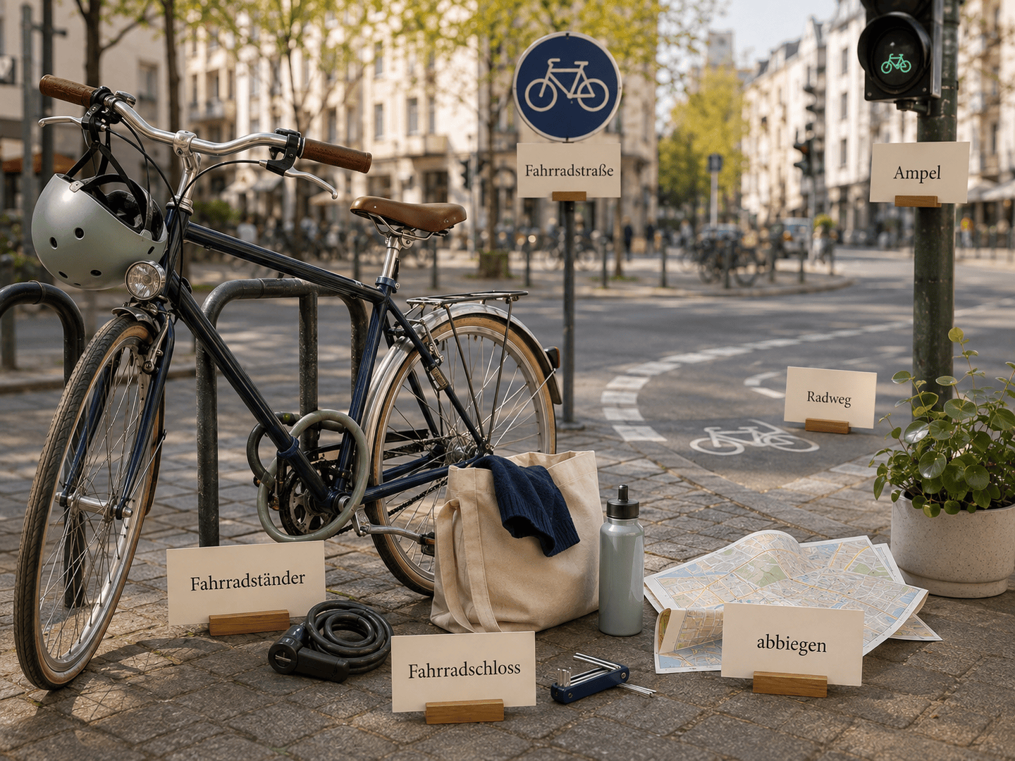 Berlin cycling scene with cards reading Fahrradstraße, Radweg, Ampel and Fahrradschloss.