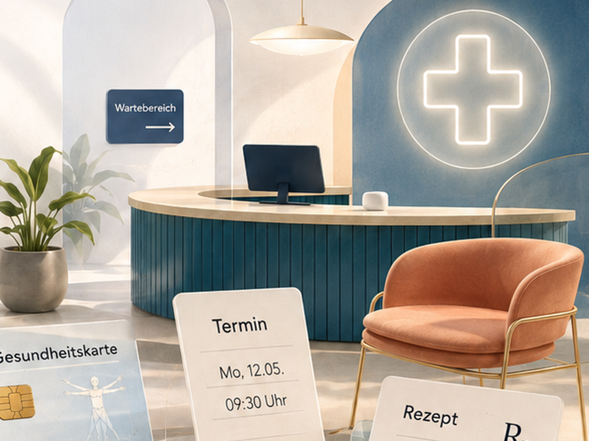 Illustrated doctor's practice reception with cards reading Termin, Rezept and Gesundheitskarte.