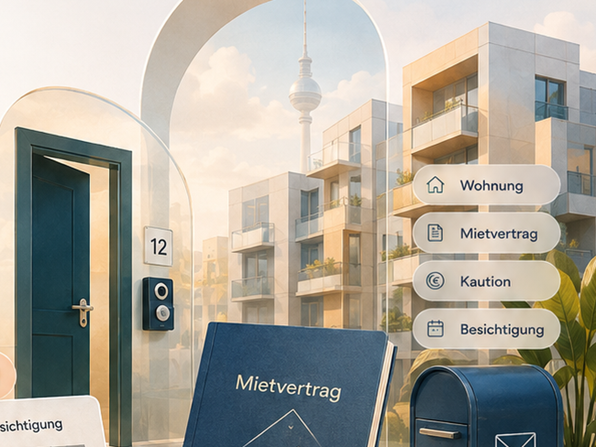 Berlin apartment scene with cards reading Wohnung, Mietvertrag, Kaution and Besichtigung.