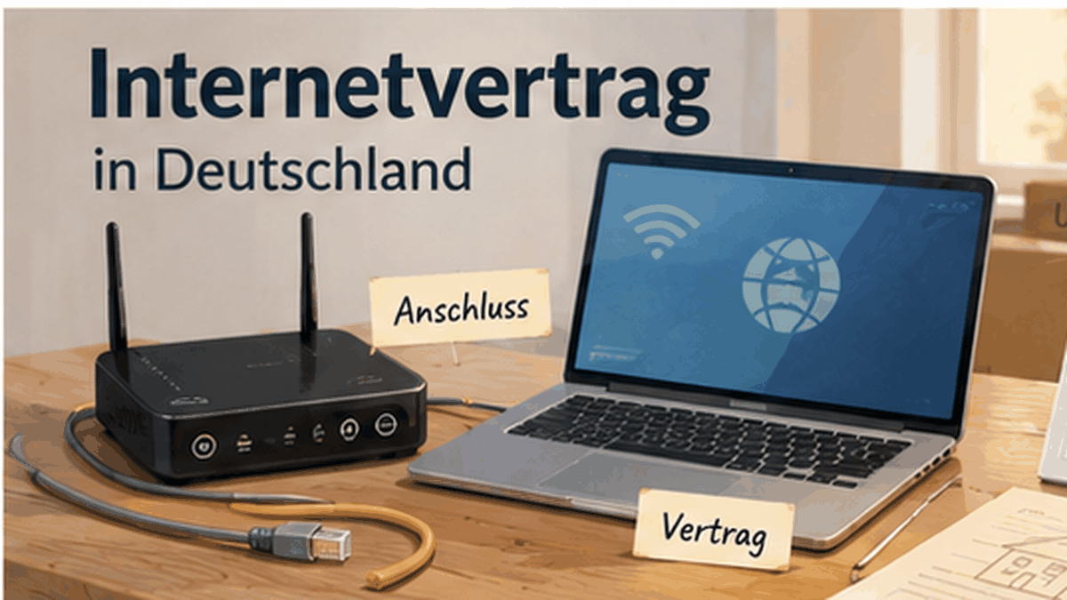 Editorial illustration of a German home internet contract with an unbranded router, laptop, network cable and the labels Anschluss and Vertrag.