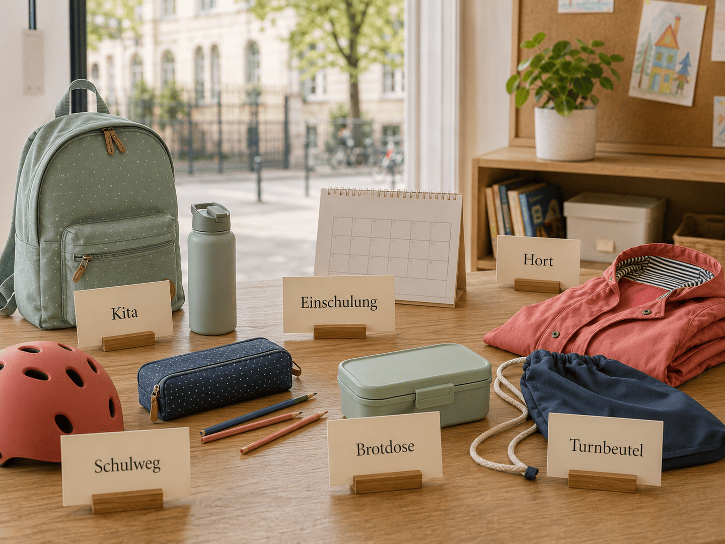 Berlin school-start scene with cards reading Kita, Einschulung, Hort and Schulweg.