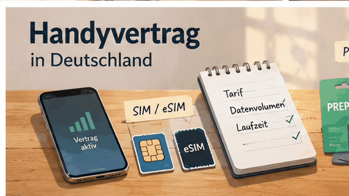Editorial illustration of a German mobile phone contract with an unbranded smartphone, SIM and eSIM cards and notes for tariff, data volume and contract term.