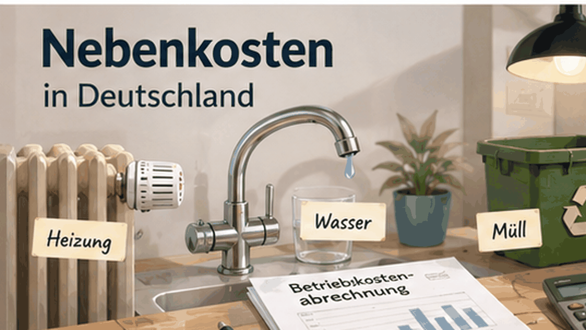 Editorial illustration explaining German Nebenkosten with a radiator, water tap, waste bin and a generic operating-cost statement.