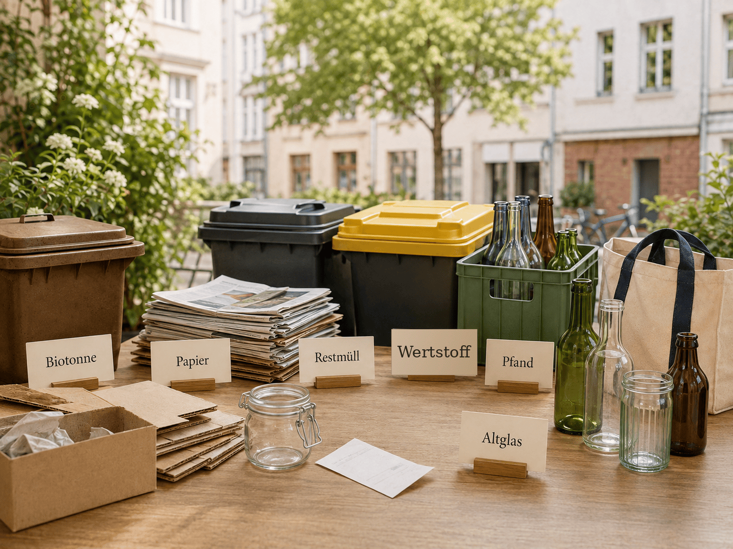 Berlin waste-sorting scene with cards reading Biotonne, Papier, Restmüll, Pfand and Altglas.