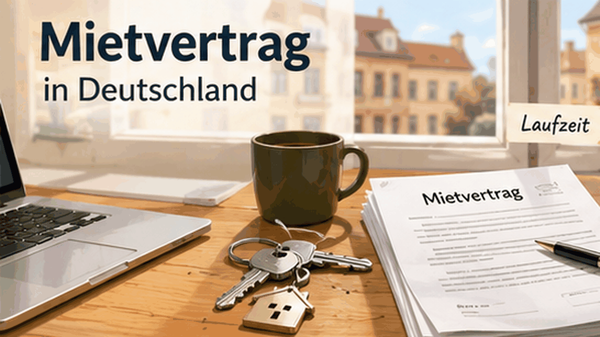 Editorial illustration of a German rental contract on a desk with apartment keys, a calendar and the word Mietvertrag.