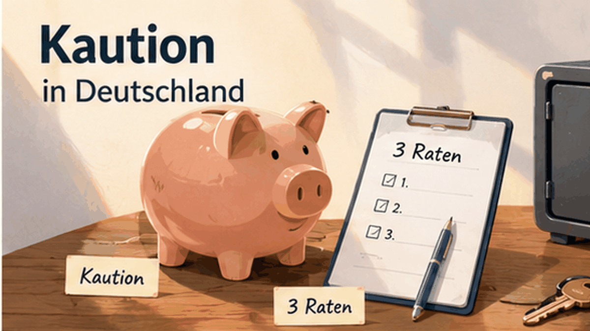 Editorial illustration of a German rental deposit with a piggy bank, a three-payment checklist, a neutral safe and apartment keys.