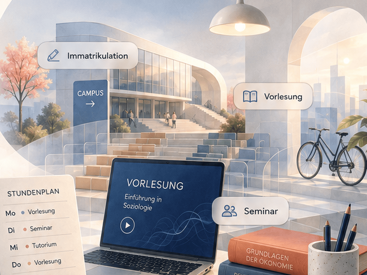 Illustrated German university scene with study materials, showing the German words Immatrikulation, Semester, Hochschule and Zulassung.
