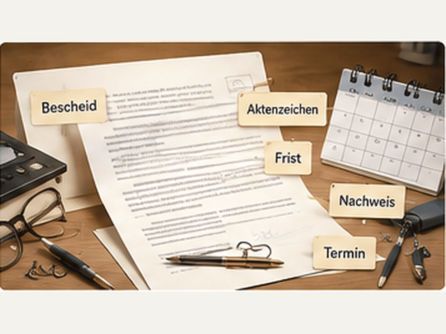 Official German letter on a desk, labelled Bescheid, Aktenzeichen, Frist and Nachweis.