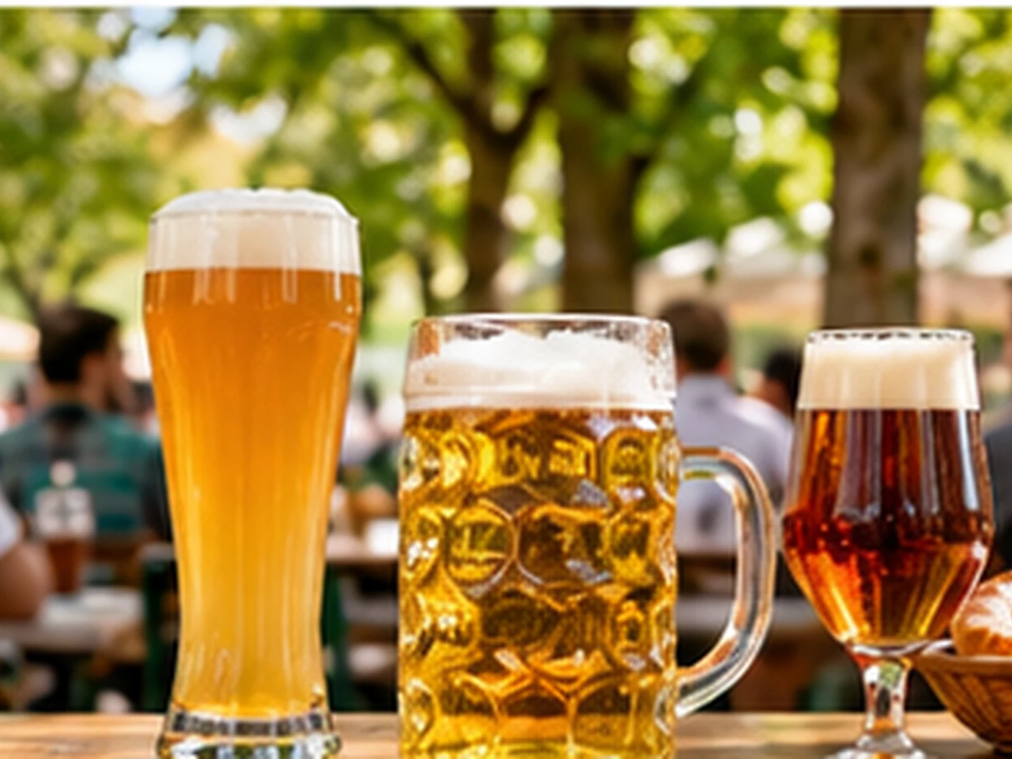Three different beer glasses on a bright table in a summer beer garden.