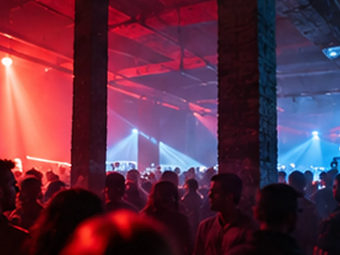 People in an industrial-style Berlin club scene lit with red and blue light.