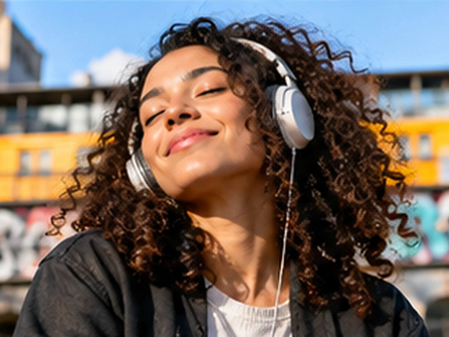Young woman wearing headphones in an urban Berlin setting with a yellow elevated train.