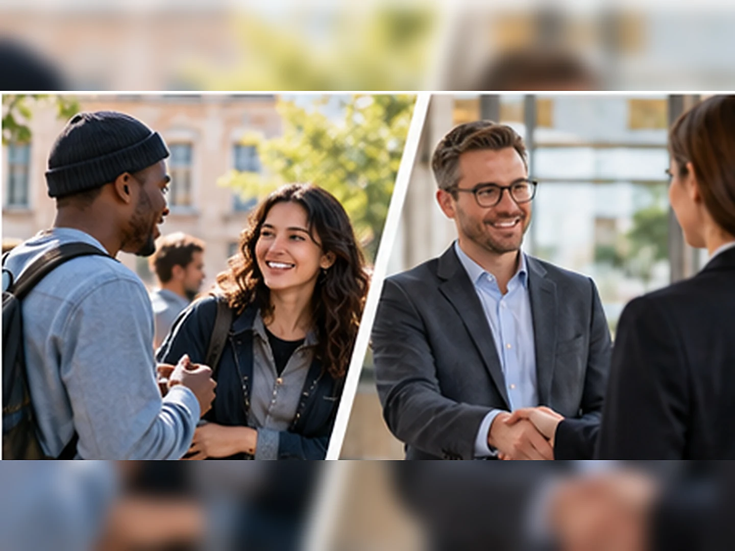 Split scene showing a relaxed conversation and a formal greeting with a handshake.