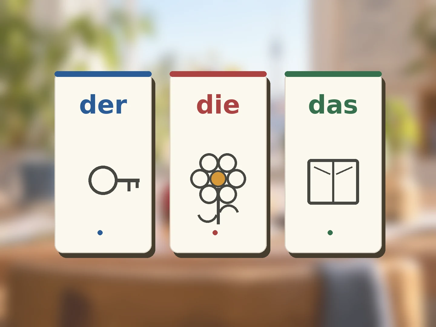 Three learning cards showing der, die and das with symbols for a key, flower and book.