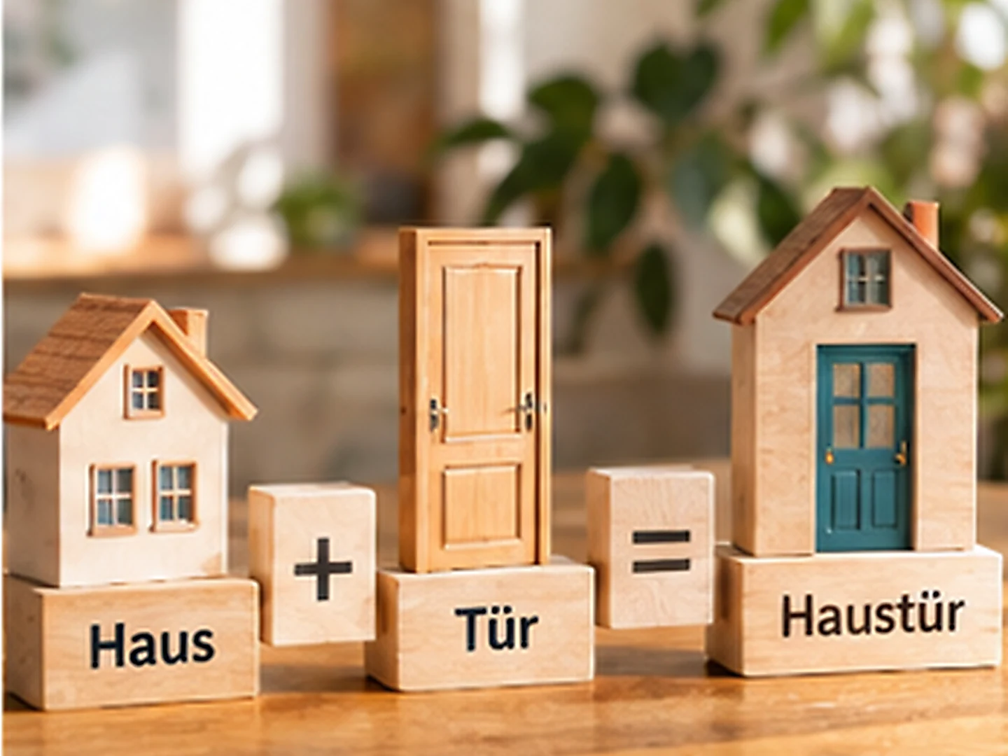 Wooden models show how Haus and Tür combine to form the compound word Haustür.