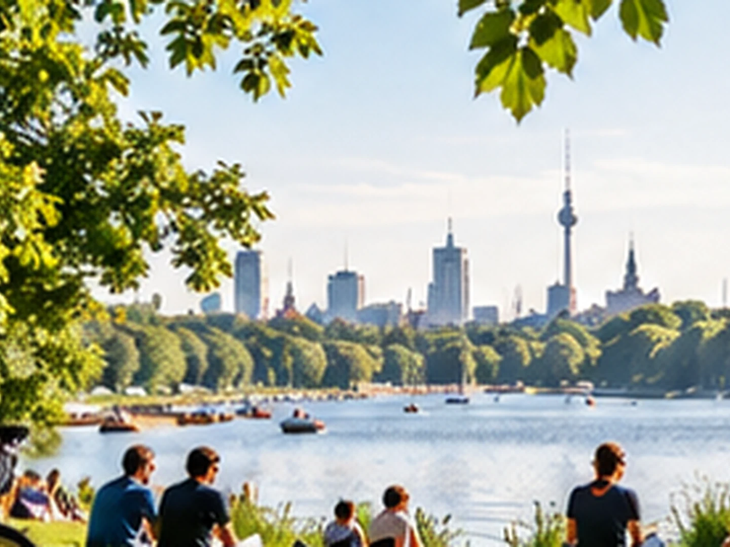 People by the water in a green Berlin park with bicycles and the TV Tower in the distance.