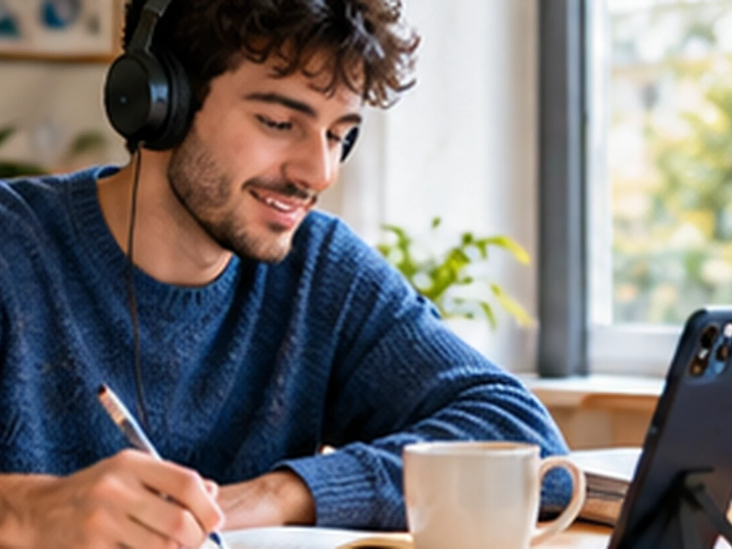 A man listens with headphones and takes notes at a bright workspace.