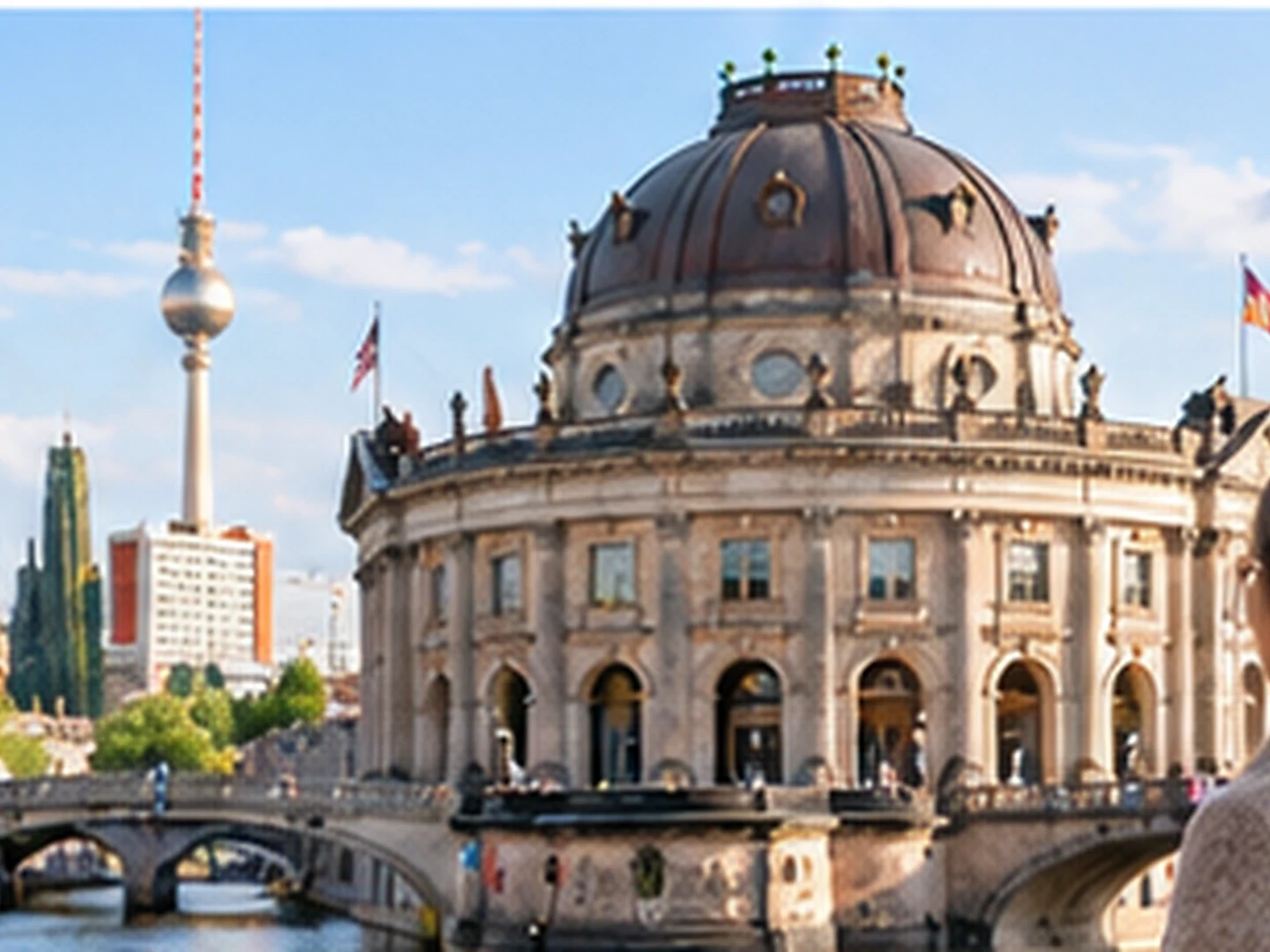 View of the Bode Museum on Berlin Museum Island with the TV Tower in the background.