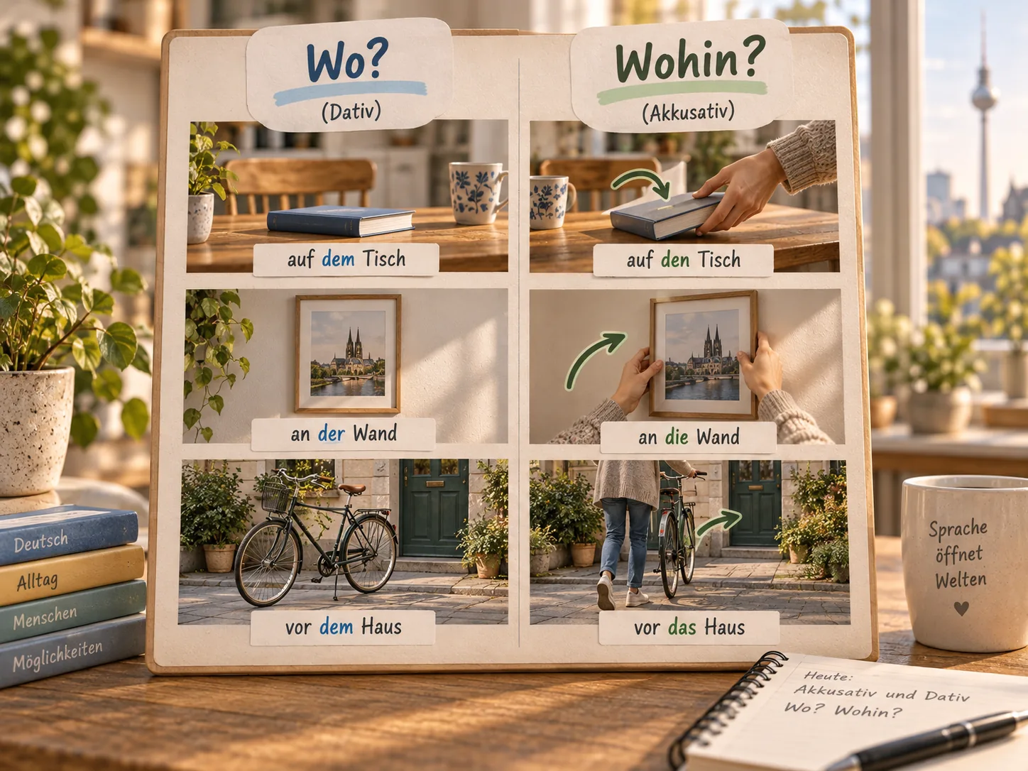 Learning board comparing Wo? (dative) and Wohin? (accusative) with example pairs: auf dem and den Tisch, an der and die Wand, vor dem and das Haus