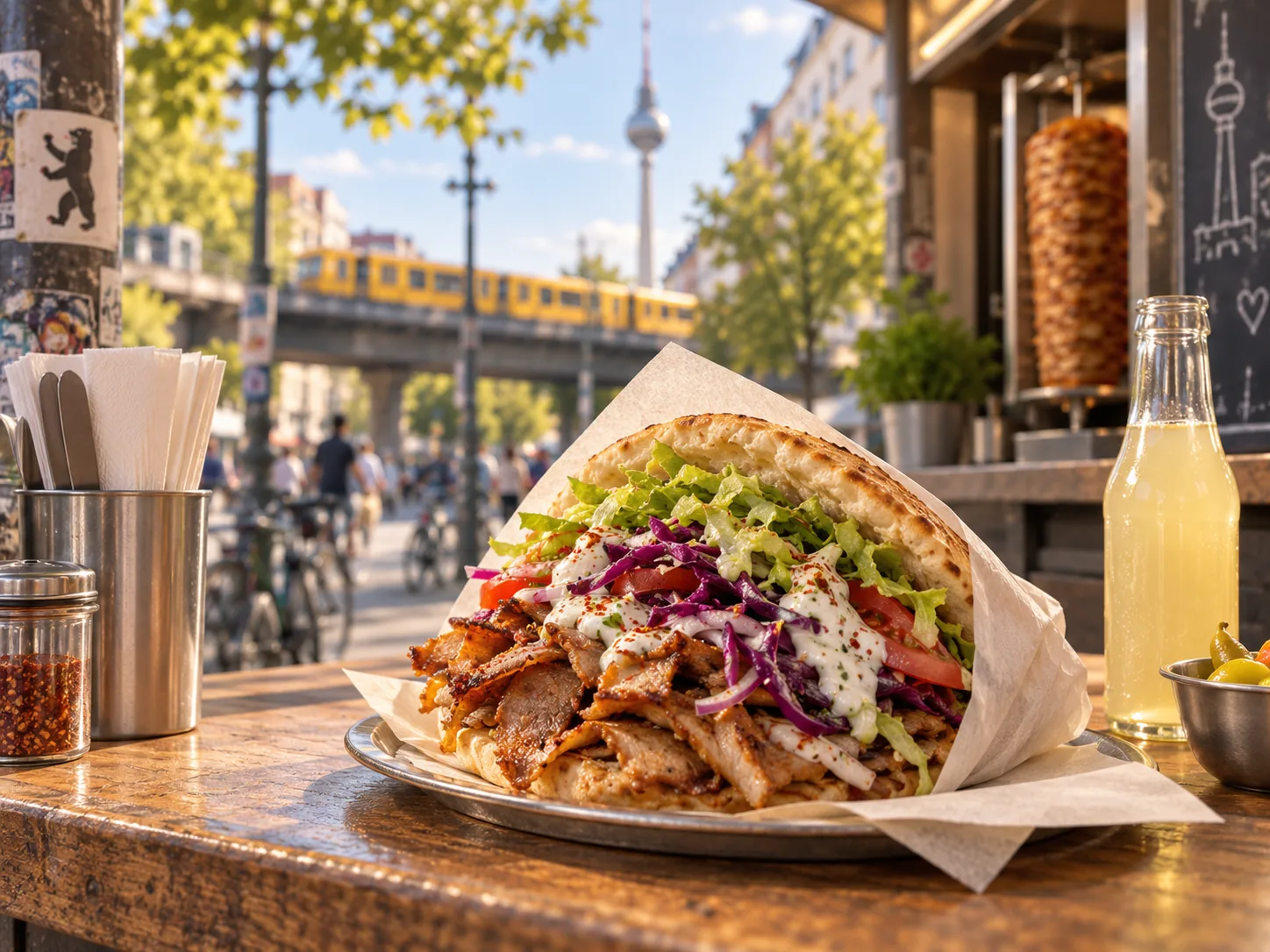 Döner kebab in bread with salad and sauce