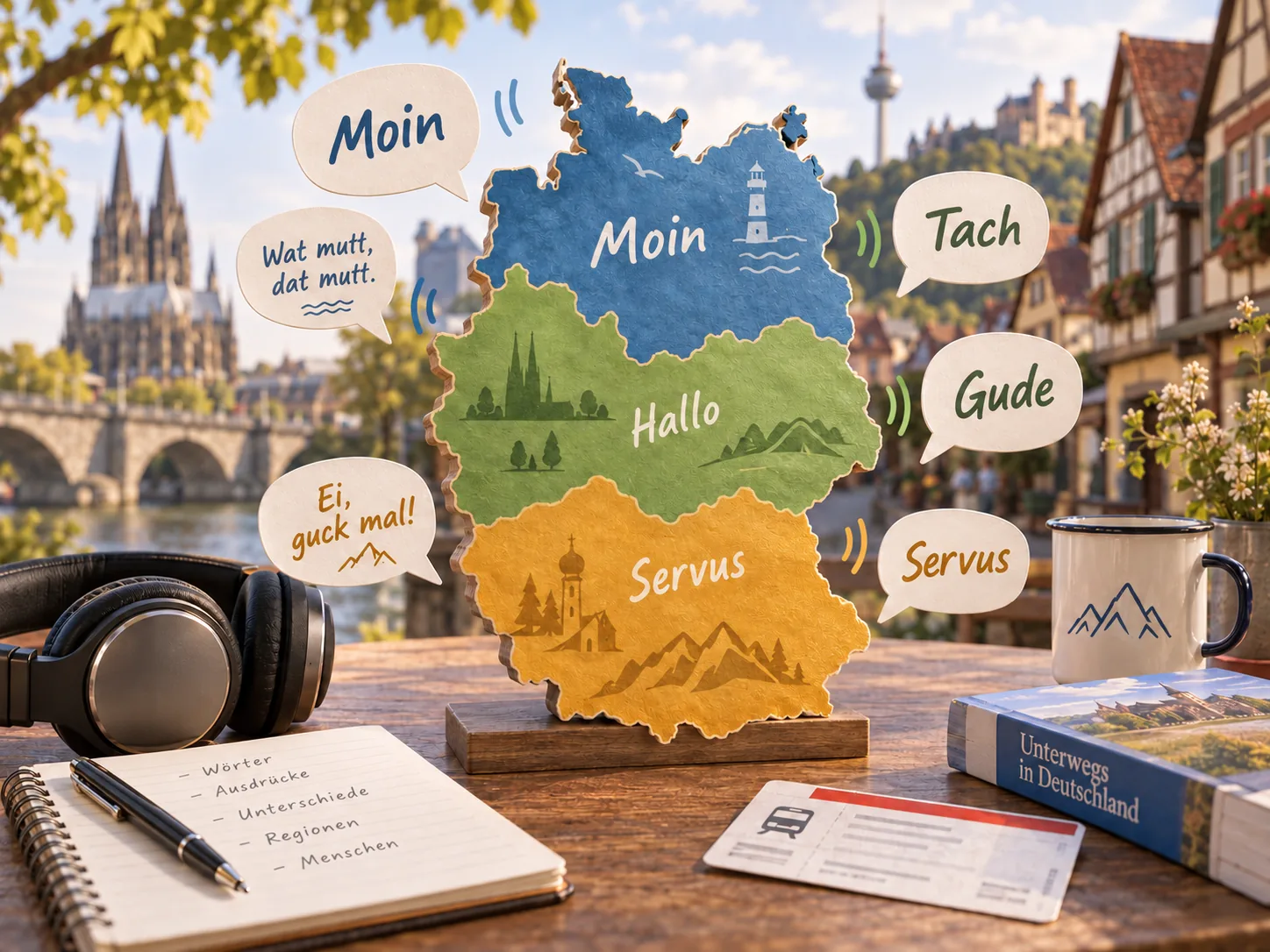 Map of Germany divided into three coloured dialect regions, with speech bubbles showing regional greetings like Moin, Tach, Gude and Servus