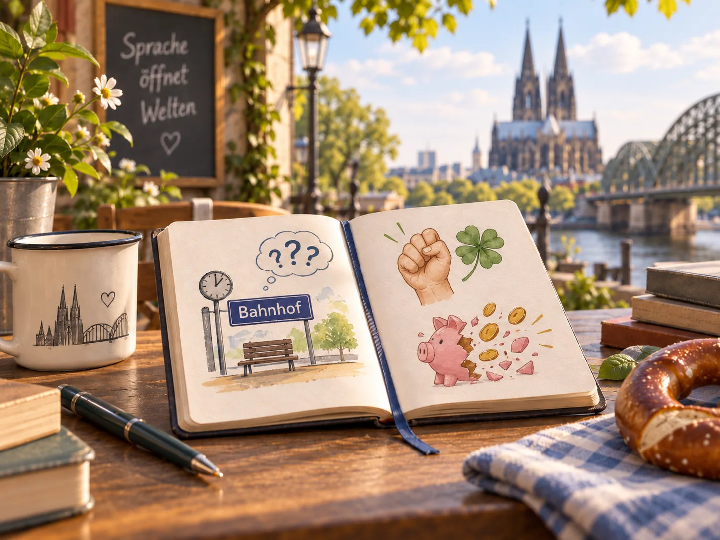 Open notebook with illustrations of German idioms: a station sign with question marks, a pressed thumb, a four-leaf clover and a broken piggy bank, with Cologne Cathedral in the background