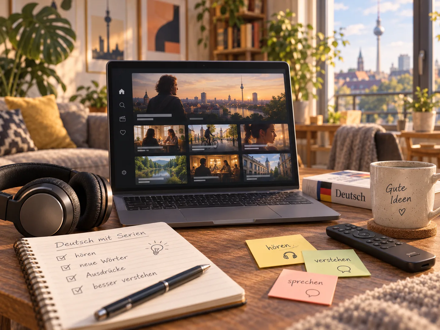 Laptop showing a streaming interface full of German series, next to a notebook listing learning goals such as listening, new words and better understanding