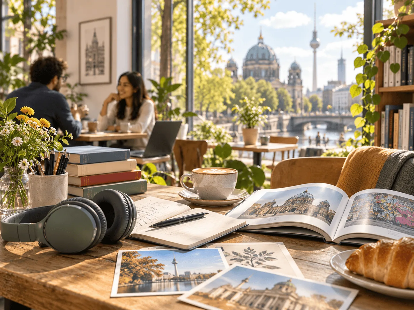 Bright Berlin café and cultural setting with books, notebook, headphones and a view of Berlin Cathedral.