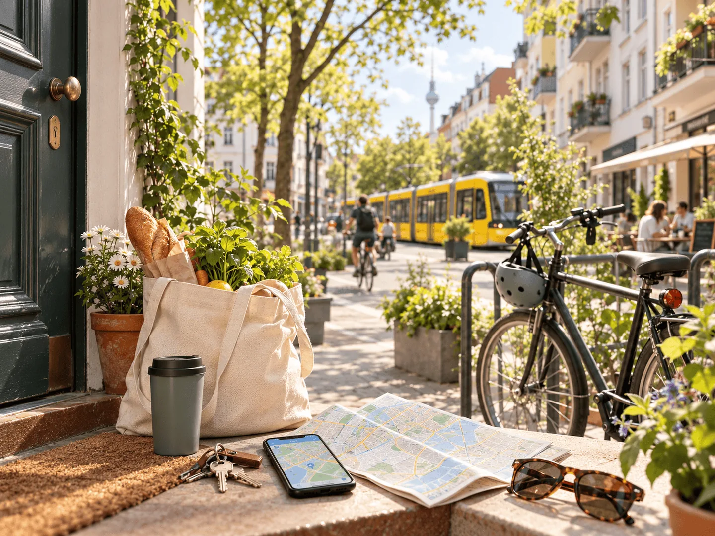 Bright Berlin neighborhood with bicycle, groceries, city map and yellow tram.